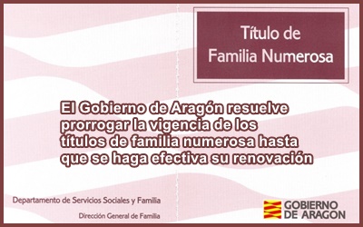 El Gobierno de Aragón resuelve prorrogar la vigencia de los títulos de familia numerosa
